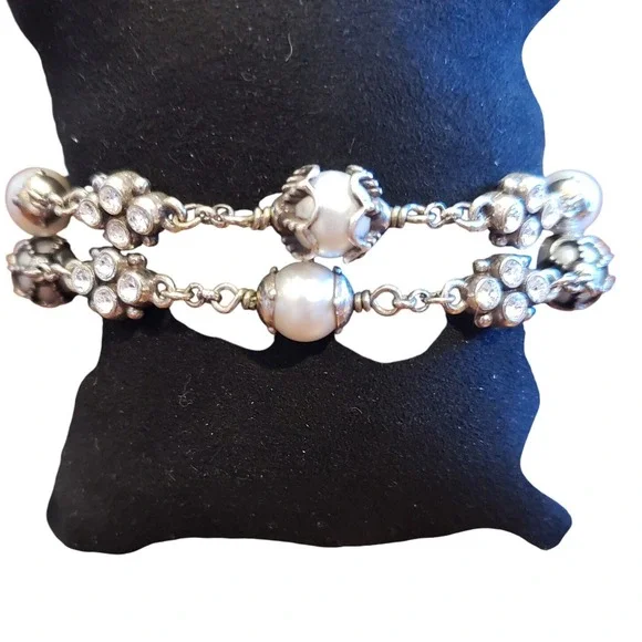 Brighton Pearl Rhinestone Silver Tone Bracelet Double Strand Adjustable Jewelry - Picture 5 of 5